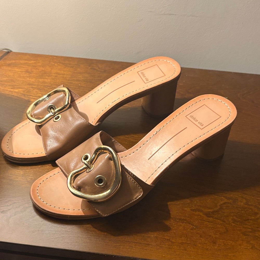 Dolce Vita Tan Heeled Sandals with Gold Buckle